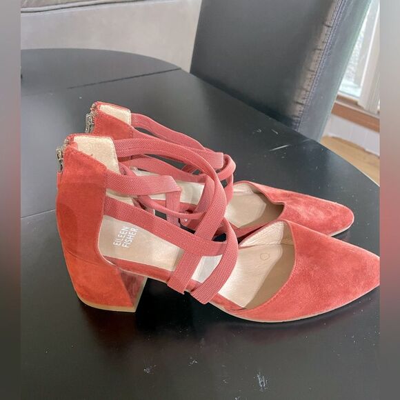Eileen Fisher Cayenne Juku Suede Low Strappy Pumps heels shoes Sz 7.5 rust - Picture 1 of 9